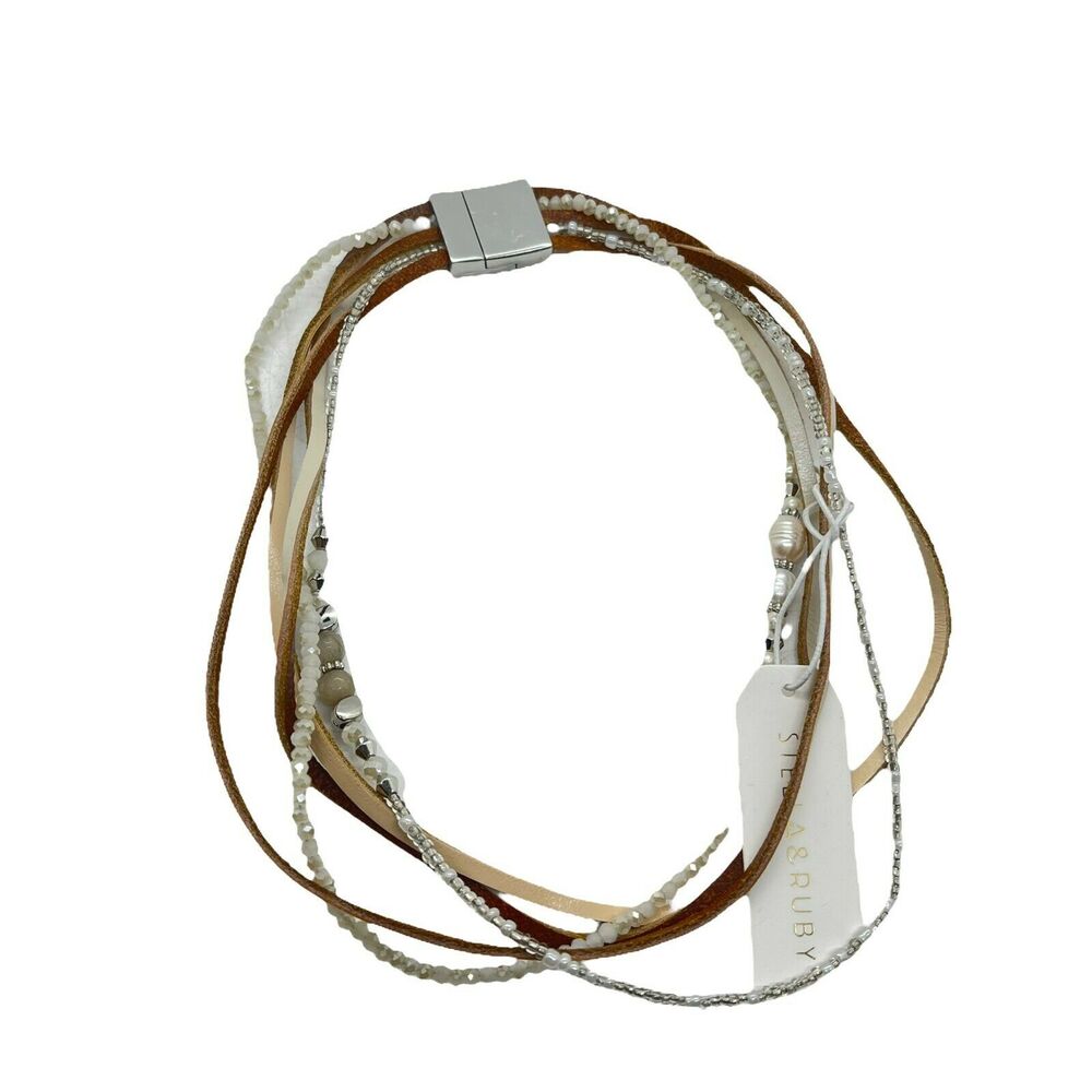 Stella & Ruby Womens Mixed Leather Beads Pearl Magnetic Clasp Boho Necklace